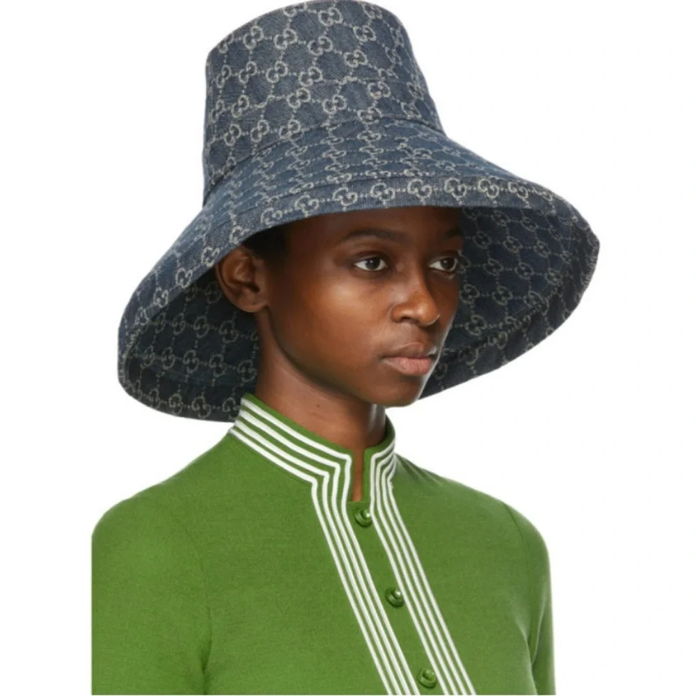 Denim Monogram Wide Large Brim Jacquard Bucket Hat Navy Blue Beach Sun Coverage - Picture 3 of 16